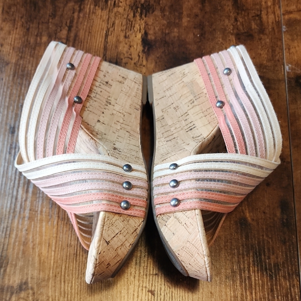 LUCKY BRAND | Peach Coral Ombre Mykayla Cork Wedge Multicolor Strappy Sandal | 8 - Picture 3 of 10